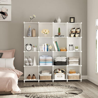 Cube Storage Organizer, 16 Cube Closet Organizer, Stackable Storage Cube Shelves, DIY Portable Closet Clothes Organizer Shelving for Bedroom, Closet, Wardrobe, Bathroom, White