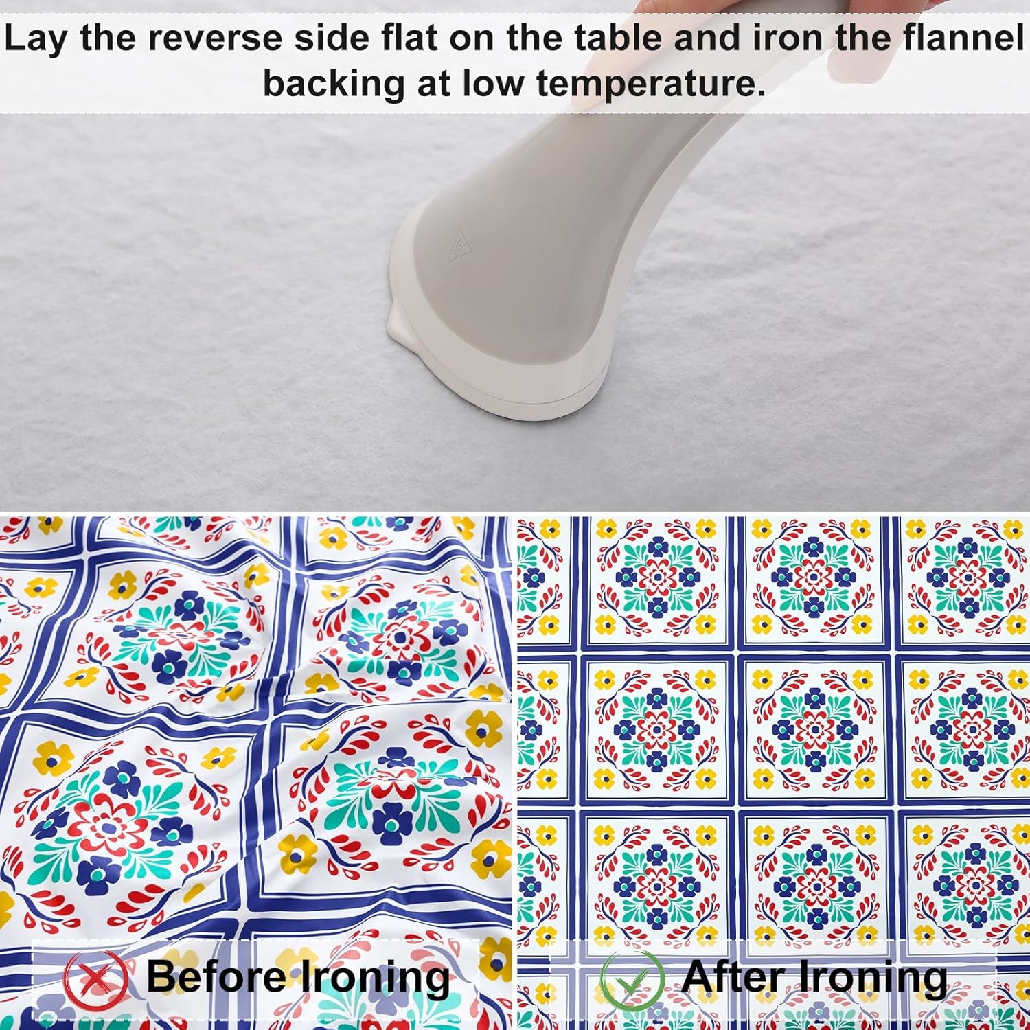 round Fitted Tablecloth with Elastic Edge, 100% Waterproof Oil Proof Plastic Table Cover, Vinyl Flannel Backed Tablecloth Fits 36"-44" round Tables for Dinner, Outdoor, Picnic, Geometric Flower