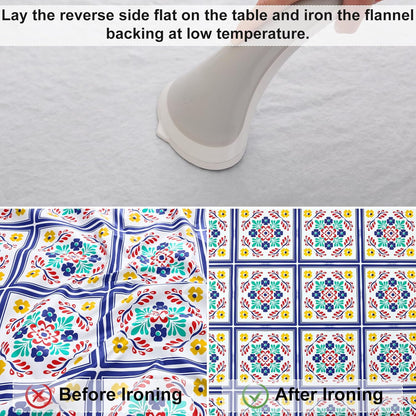 round Fitted Tablecloth with Elastic Edge, 100% Waterproof Oil Proof Plastic Table Cover, Vinyl Flannel Backed Tablecloth Fits 36"-44" round Tables for Dinner, Outdoor, Picnic, Geometric Flower