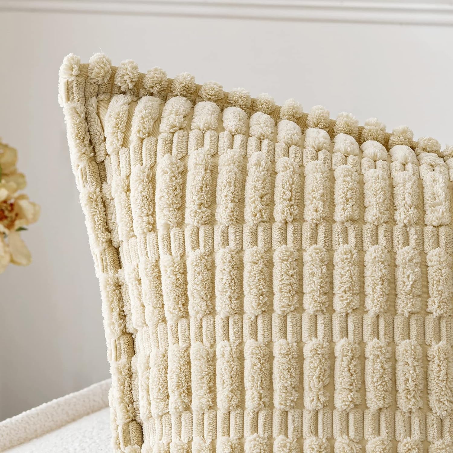 Beige Corduroy Decorative Throw Pillow Covers Pack of 2 Soft Striped Pillows Pillowcases with Broad Edge Winter Modern Boho Home Decor for Couch Sofa Bed 18X18 Inch