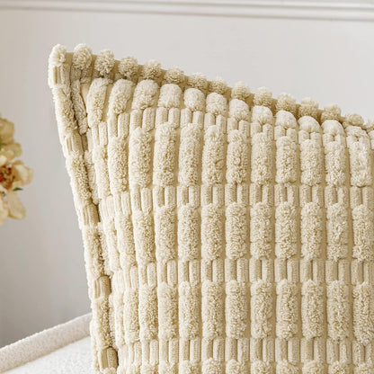 Beige Corduroy Decorative Throw Pillow Covers Pack of 2 Soft Striped Pillows Pillowcases with Broad Edge Winter Modern Boho Home Decor for Couch Sofa Bed 18X18 Inch