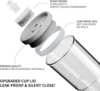 23 Oz Glass Cups with Lids and Straws - Leak-Proof Portable Travel Water Glass Tumbler for Smoothies, Iced Coffee, Matcha, and Cold Beverages - Durable and Eco-Friendly (Grey)