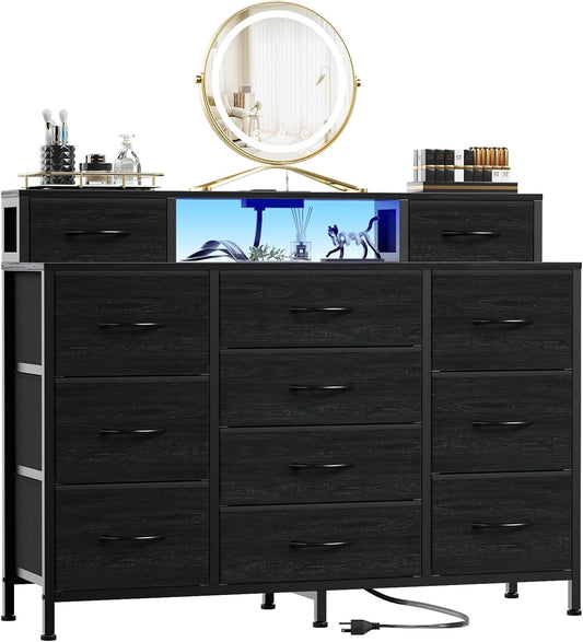 Elegant Black Bedroom Dresser with LED Lighting and Integrated Charging Station, 47"W Closet Chest with 12 Storage Drawers, Versatile TV Stand and Hallway Furniture, Featuring a 2-Tier Wooden Top and Sturdy Metal Frame