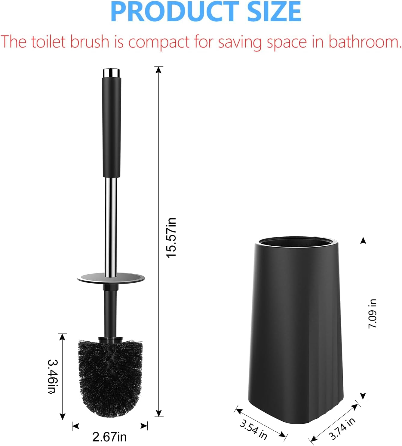 Toilet Brush, Compact Size Toilet Bowl Brush and Holder Toilet Brushes for Bathroom with Stainless Steel Handle Toilet Cleaner Brush with Durable Scrubbing Bristles, Splash-Proof