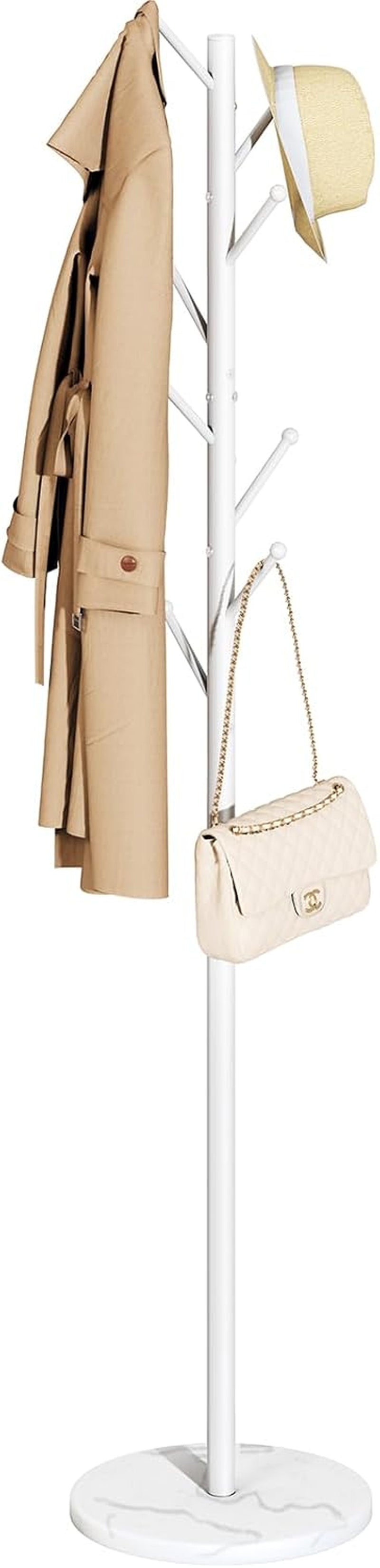 Coat Rack Freestanding with Natural Marble Base, Coat Tree with 8 Hooks Heavy Duty Coat Hanger Stand, Metal Coat Rack Stand for Jacket, Hat, Clothes & Bag, Hall Tree Hat Rack for Entryway