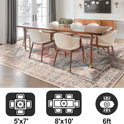 5X7 Area Rug for Living Room Washable Rugs No Pile Carpet for Entryway Bedroom Dinning Room Playroom Vintage Boho Carpet Print Distressed Non-Slip, 5 X 7 Ft, Pink