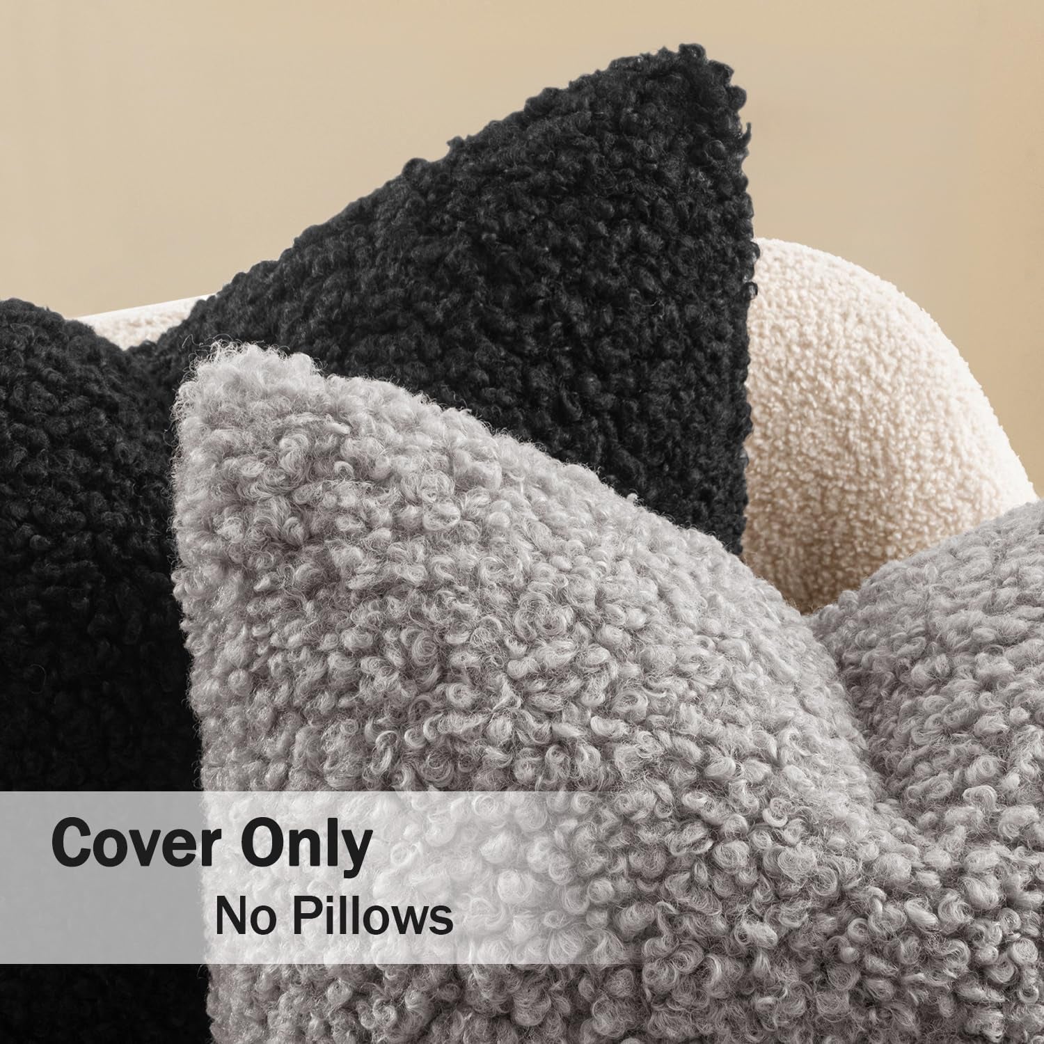 Pack of 2 Throw Pillow Covers 18X18 Inch Neutral Black Faux Fur Decorative Sherpa Pillow Covers Fuzzy Accent Soft Sheepskin Fleece Cushion Cases for Boho Home Decor Couch Living Room Bed
