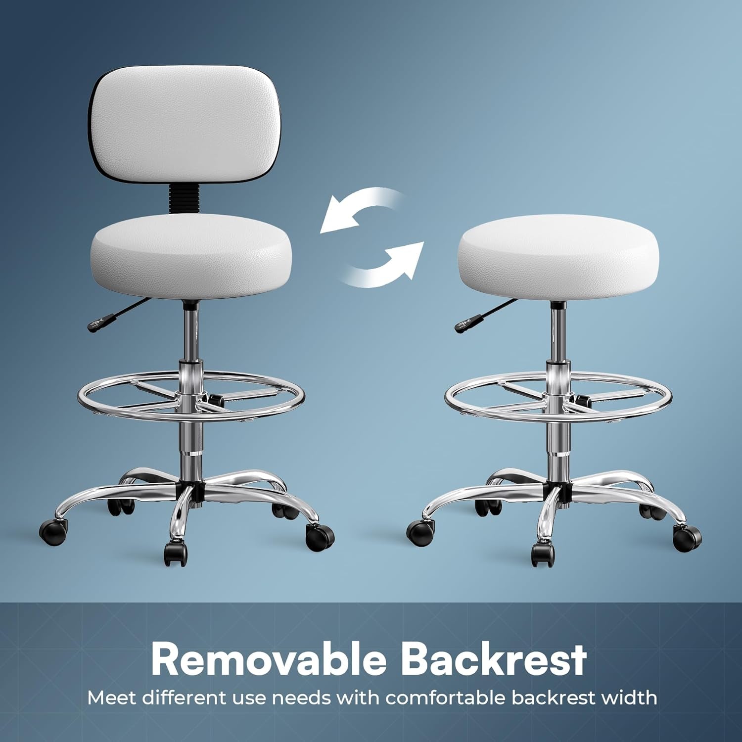 Adjustable Drafting Chair with Back Support and Foot Rest, Versatile Rolling Stool for Office, Home Bar, Kitchen, and Shop - White