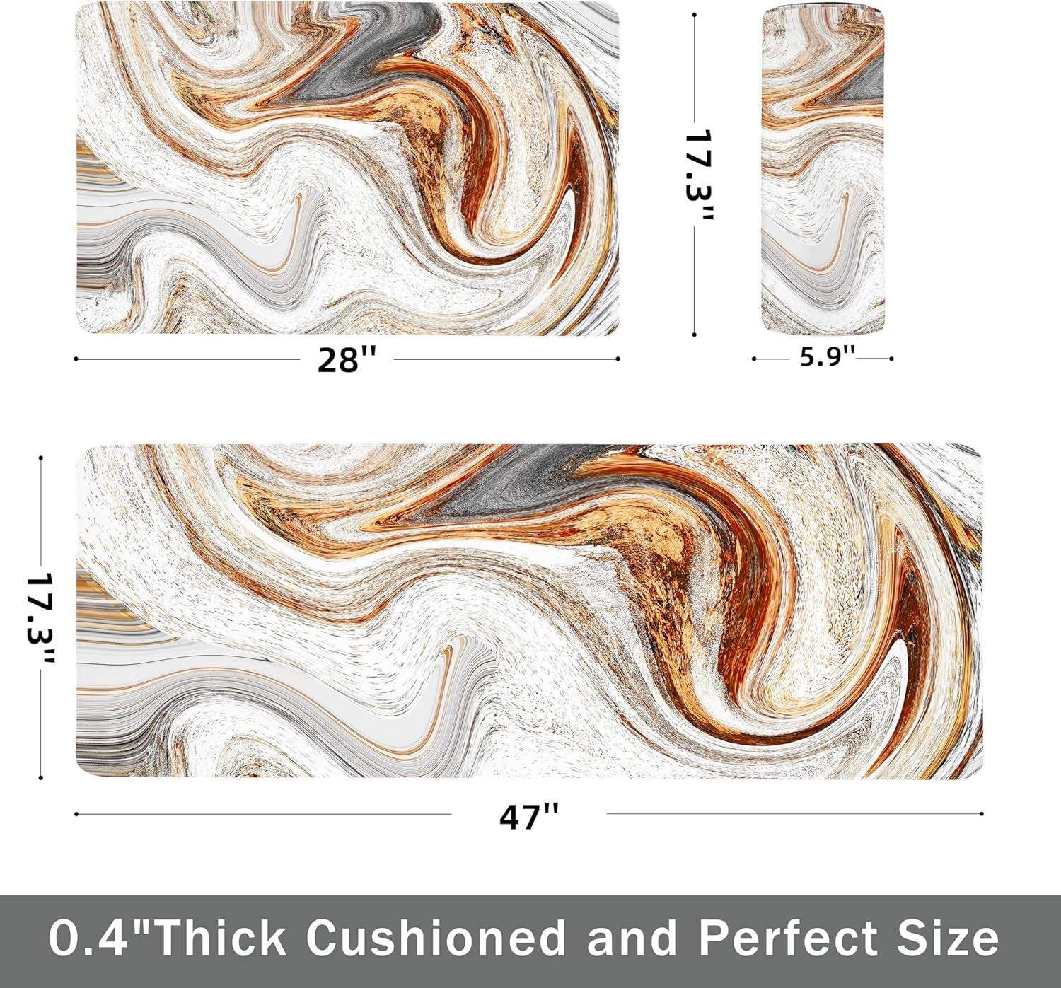 Kitchen Mats for Floor anti Fatigue Floor Marble Cushioned Memory Foam Non Slip PVC Leather Padded Comfort Standing Rugs Set of 2, 17.3X28+17.3X47 Inch,0.4 Inch Thick