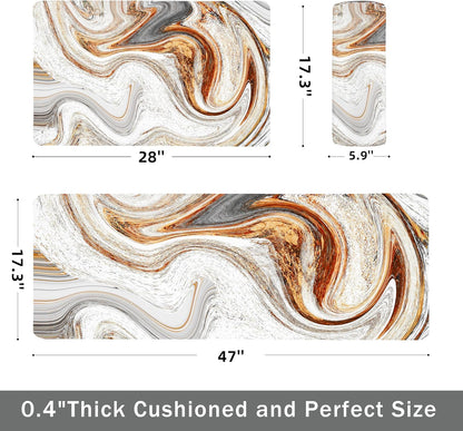 Kitchen Mats for Floor anti Fatigue Floor Marble Cushioned Memory Foam Non Slip PVC Leather Padded Comfort Standing Rugs Set of 2, 17.3X28+17.3X47 Inch,0.4 Inch Thick