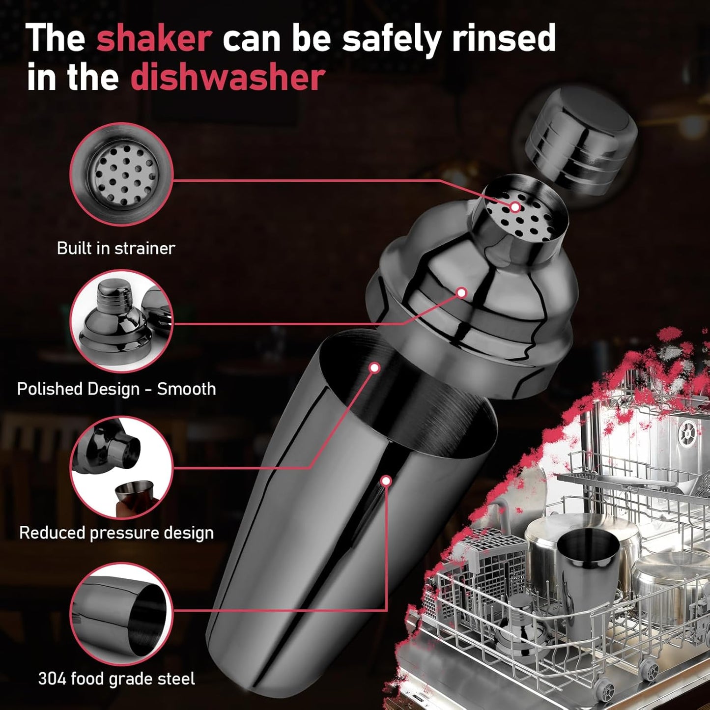 25 oz Professional Cocktail Shaker Set - 18/8 Stainless Steel Bartending Tools for Martini and Margarita Mixing with Measuring Jigger and Spoon (Black)