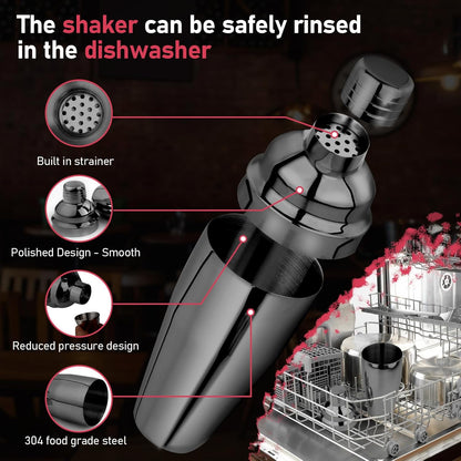 25 oz Professional Cocktail Shaker Set - 18/8 Stainless Steel Bartending Tools for Martini and Margarita Mixing with Measuring Jigger and Spoon (Black)