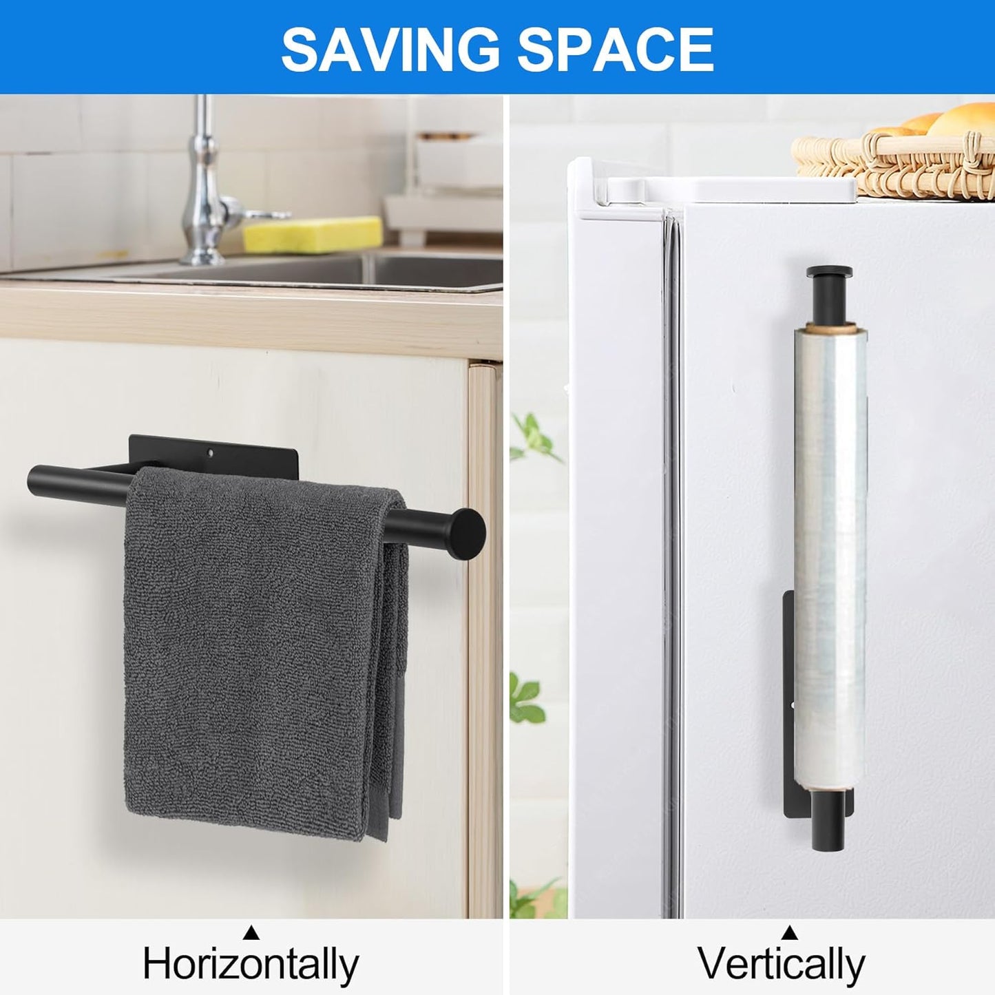 Under Cabinet Paper Towel Holder, Stainless Steel Adhesive or Drill Mount Paper Towel Holder, Wall Mount Paper Towel Holders for Kitchen or Bathroom Black（2 Pack）
