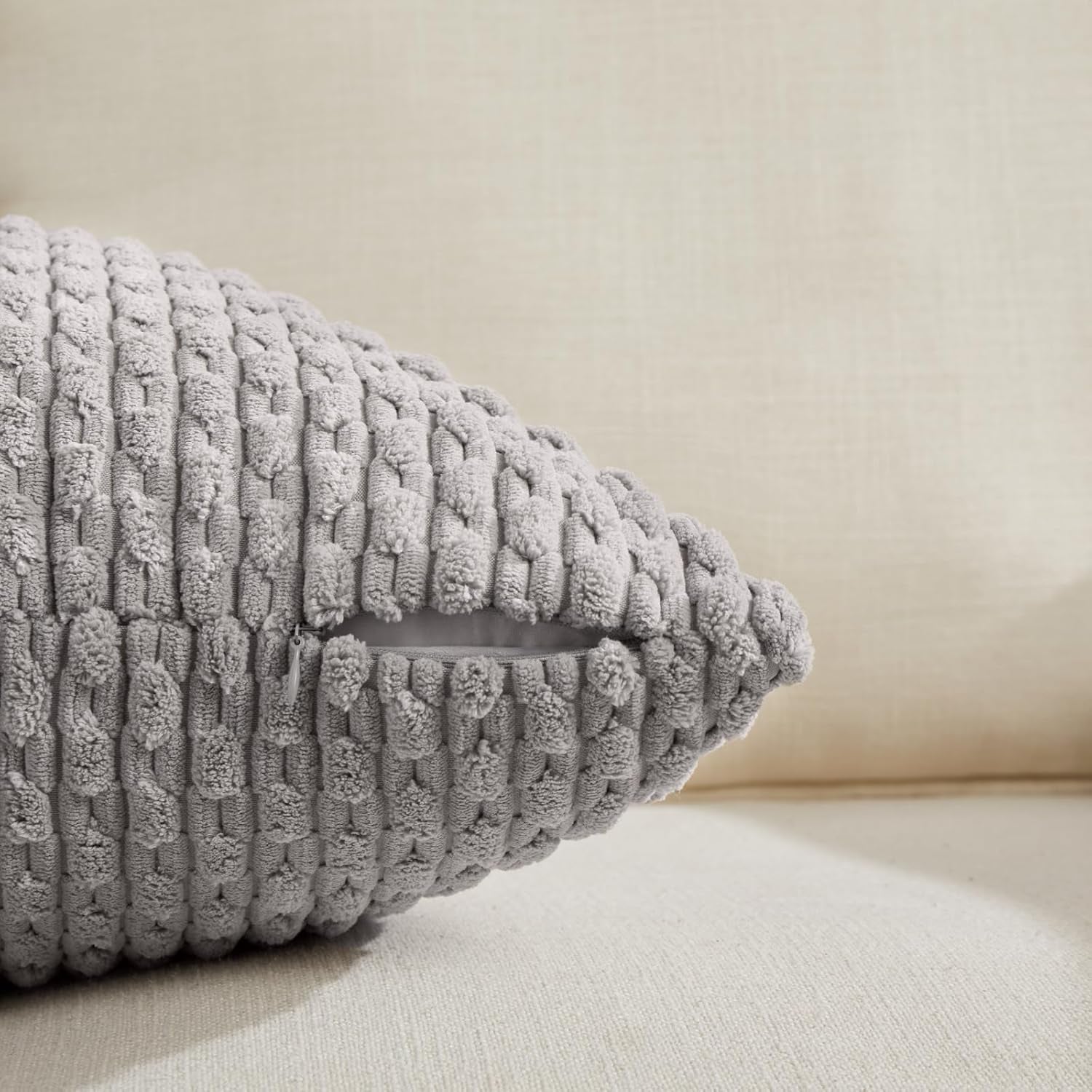 Set of 2 Boho Grey Lumbar Decorative Throw Pillow Covers 12X20 Inch for Couch Bed Chair, Neutral Farmhouse Home Decor, Soft Fluffy Corduroy Rectangle Aesthetic Cushion Case 30X50 Cm