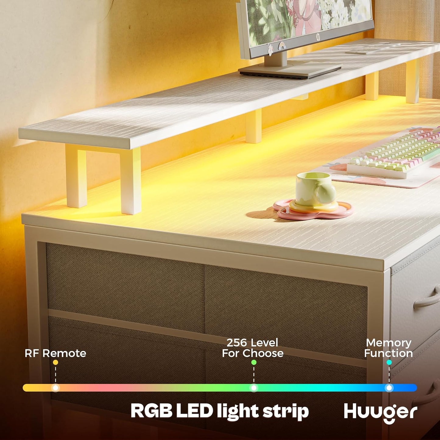 47-Inch Computer Desk with Four Drawers, LED Lighting, and Power Outlets - Spacious Home Office and Gaming Desk in White