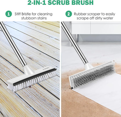 Floor Scrub Brush with 51-Inch Long Adjustable Handle 2 in 1 Scrape Brush Stiff Bristle Floor Scrubber for Cleaning Shower Bathroom Garage Kitchen Wall Deck Tub Tile