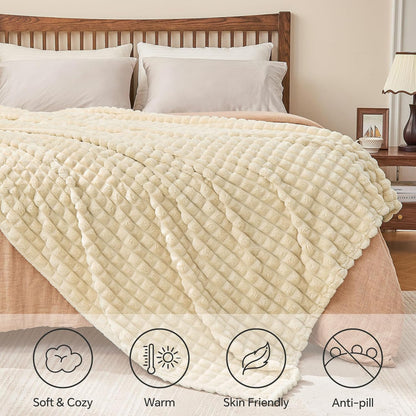 Beige Throw Blanket for Couch and Bed- Super Soft and Warm 3D Checkered Fluffy Fuzzy Fleece Blanket, Luxurious Plush Cozy Blanket for Room Decor Spring, 50X60 Inches