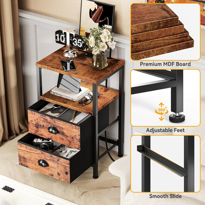 Nightstands Set of 2 Charging Station, End Tables with LED Lights, Nightstands with 2 Fabric Drawers and Shelves, Bedside Tables for Living Room/Bedroom,Rustic Brown