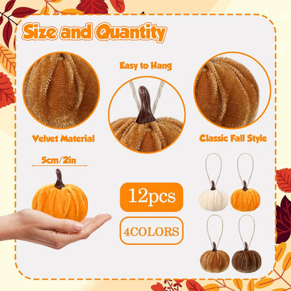 12 Pcs Velvet Pumpkins Fall Thanksgiving Pumpkins Hanging Ornaments Fall Tree Decorations Orange White Brown Velvet Wrapped Pumpkin Ball Decor with Hemp Rope for Thanksgiving Party Tree Farmhouse Home
