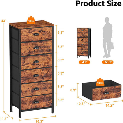 Industrial-Style Tall Dresser with 6 Drawers, Vertical End Table, and Nightstand for Bedroom, Featuring Fabric Storage Drawer Organizer for Living Room, Closet, and Entryway (Rustic Brown)