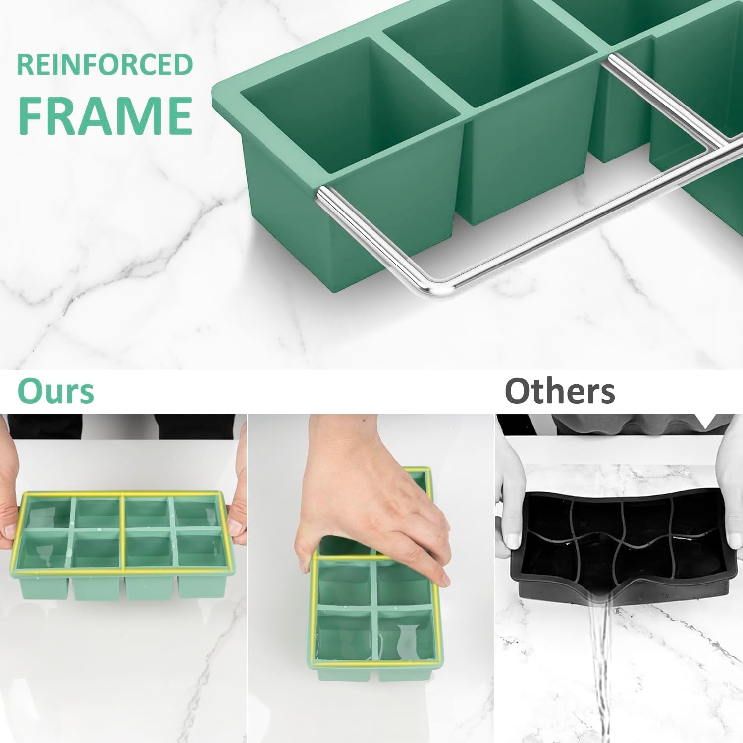 Silicone Ice Cube Tray with Lid, 3 Pack, 2 Large Ice Cube Molds, 1 Ice Ball Maker Mold 2Inch for Whiskey, Cocktail, Stackable and Easy Release, BPA Free, Freezer Dishwasher Safe, Mint Green