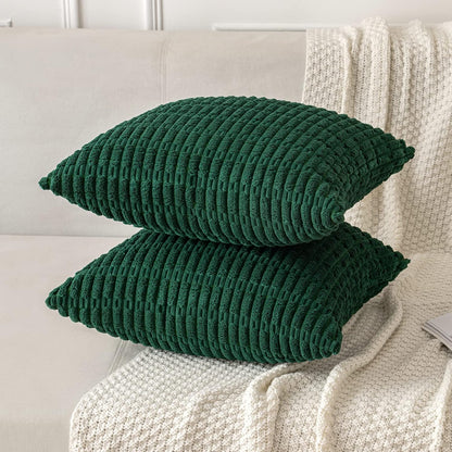 Set of 2 Dark Green Corduroy Decorative Pillow Covers, 18x18 Inches, Soft Bohemian Striped Throw Pillows for Modern Farmhouse Home Decor, Ideal for Sofa, Living Room, Couch, and Bed