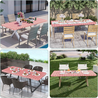 2 Pack 6 Foot Rectangle Picnic Tablecloth, Elastic Fitted Waterproof Table Cover, Windproof Washable Polyester Table Cloth for Camping, Indoor and Outdoor (Red, 30" X 72")