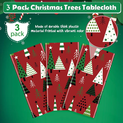 3 Pack Christmas Tree Table Cloth for Rectangle Table, Red Green Xmas Disposable Plastic Table Cover Waterproof Christmas Table Decorations for Winter Holiday New Year Party Supplies, 54X108 Inch