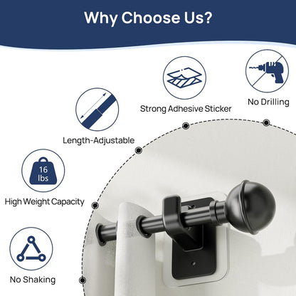 2 Pack No Drill Curtain Rods for Window 28 to 48 Inches, 5/8 Inch Diameter Renter Friendly Drapery Rod with Adhesive Brackets without Drilling, Adjustable from 27 to 52 Inches, Black