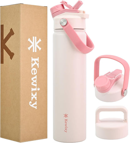 24 oz Stainless Steel Insulated Water Bottle with 2-in-1 Lid, Straw & Spout, Leak-Proof Design, Keeps Cold, Reusable with Handle for Travel, Gym, and School - Pale Pink