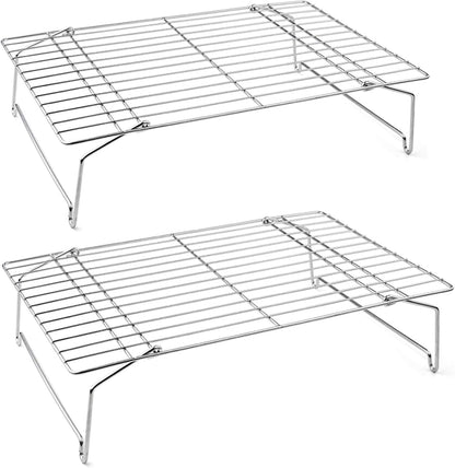 Cooling Rack Set of 2, 2-Tier Stackable Stainless Steel Wire Racks for Baking Cooking Cooling Roasting, Collapsible & Heavy Duty, Oven Safe & Easy Clean, 15" X 10", Silver