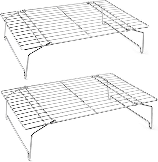 Cooling Rack Set of 2, 2-Tier Stackable Stainless Steel Wire Racks for Baking Cooking Cooling Roasting, Collapsible & Heavy Duty, Oven Safe & Easy Clean, 15" X 10", Silver