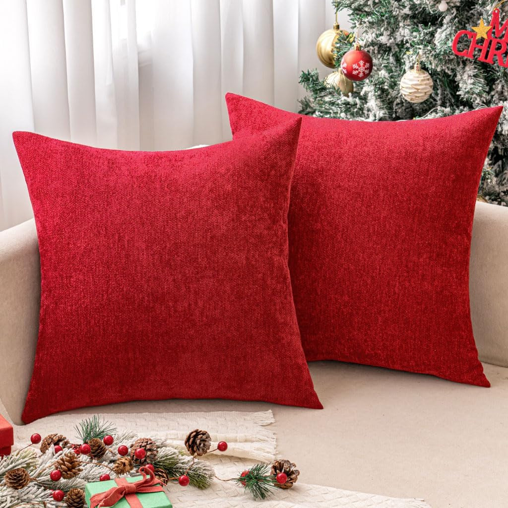 Pack of 2 Red Decorative Christmas Pillow Covers 20X20 Inch Soft Chenille Couch Throw Pillows Farmhouse Cushion Covers for Home Decor Sofa Bedroom Living Room