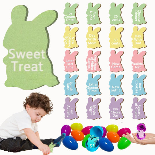 60 Pcs Easter Egg Tokens for Kids, 30Pcs Eggs and 30Pcs Bunny Shaped Tags Easter Egg Filler Toys for Adults Kids, Colorful Wood Easter Reward Tokens Easter Basket Stuffers Kids Easter Gifts