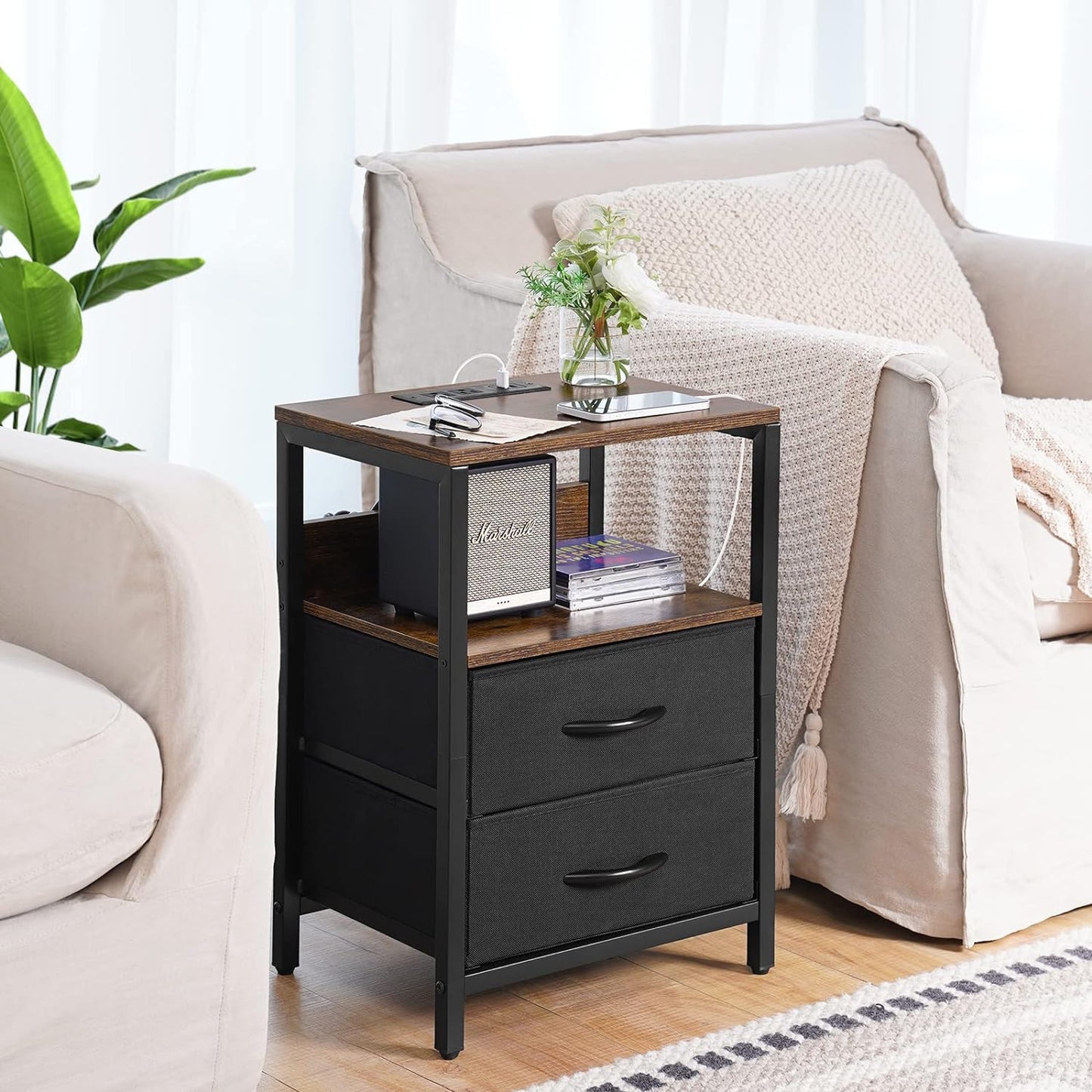 Nightstand with Charging Station, Small Night Stand with Fabric Drawers and Storage Shelf for Bedrooms, Nightstands for Small Spaces, Bedside Table with USB Ports & Outlets, Bed Side Table