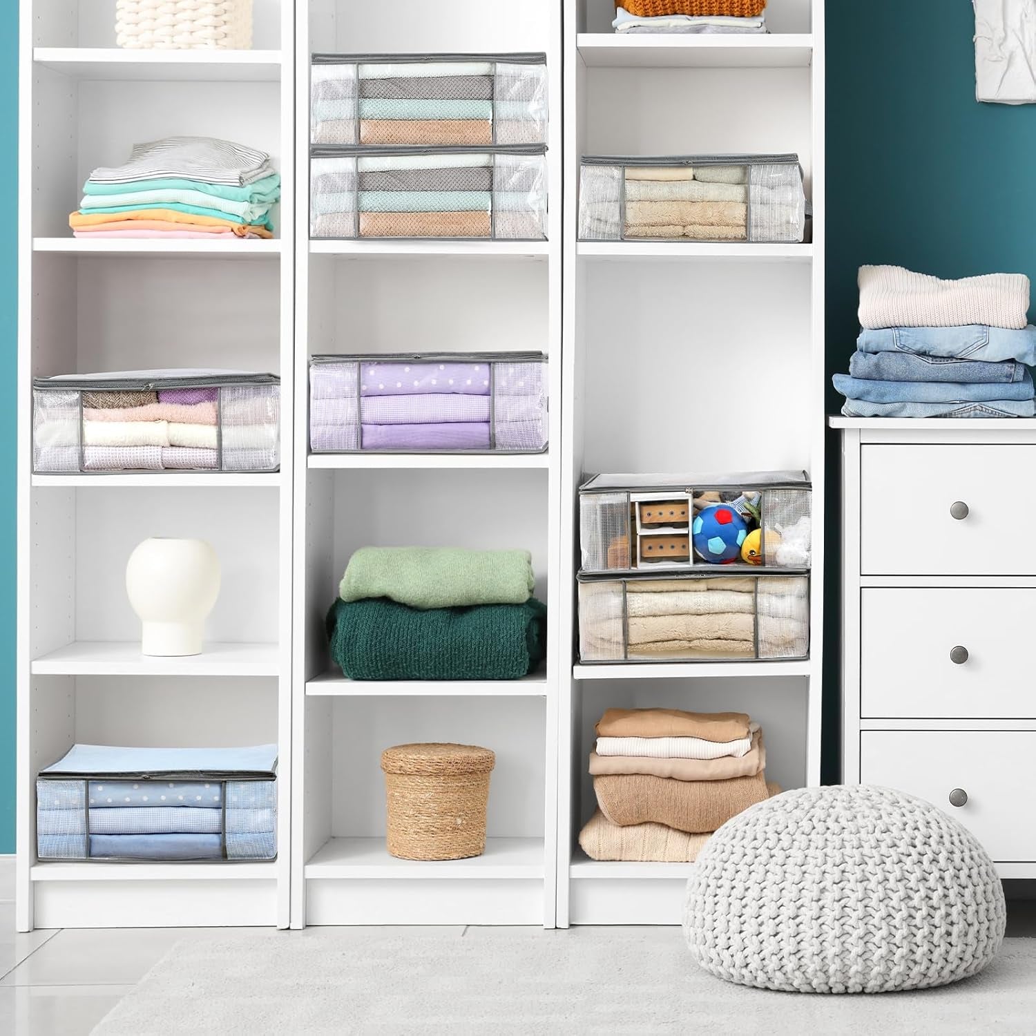 3-Pack Clothes Storage Bags, Plastic Foldable Blanket Storage Bins, Closet Organizer Container for Bedroom, Bedding, Comforters, Pillows, and Clothing - 35L with Handles