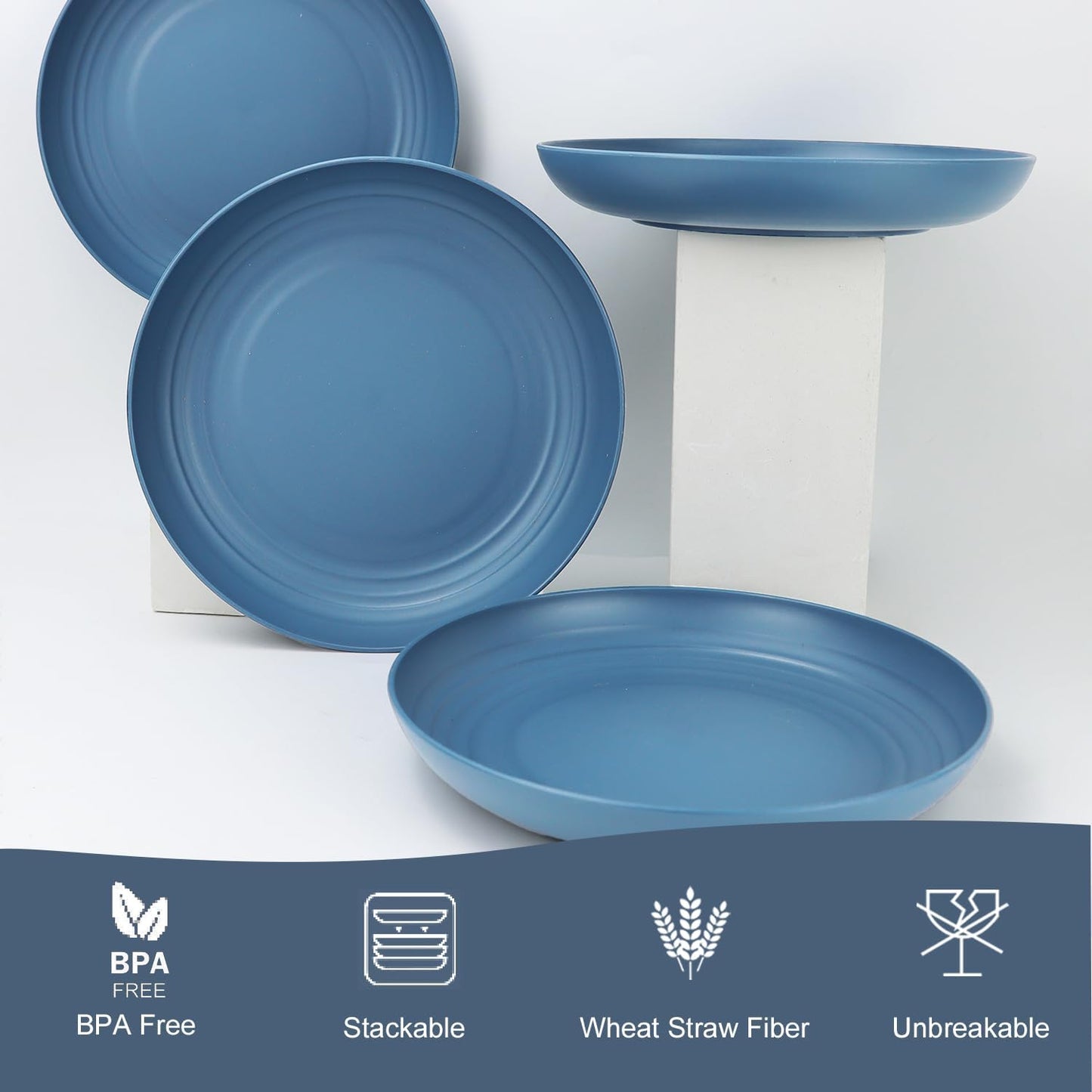 Eco-Friendly Wheat Straw Deep Dinner Set of 12 - Unbreakable Microwave and Dishwasher Safe Plates for Kids (Blue, 10 Inch)