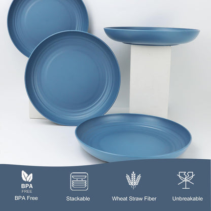Eco-Friendly Wheat Straw Deep Dinner Set of 12 - Unbreakable Microwave and Dishwasher Safe Plates for Kids (Blue, 10 Inch)
