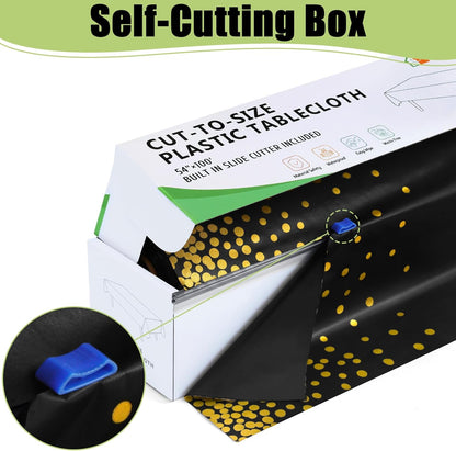 54 Inch X 100 Feet Disposable Table Cover Roll, Black & Gold Plastic Table Cloth in Cut-To-Size Box with Slide Cutter, Waterproof Rectangle Tablecloths for Weddings, Banquets, Outdoor