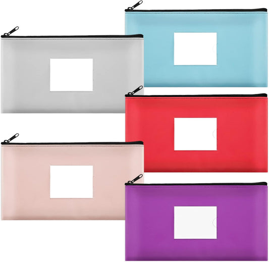 5-Pack Money Bags with Zipper, PU Leather Bank Deposit Bags, Waterproof Money Pouch for Organize Cash, Coins, Cosmetics, Invoice, Bills, Tools, 11.5 X 6.2 Inches, Light Colors