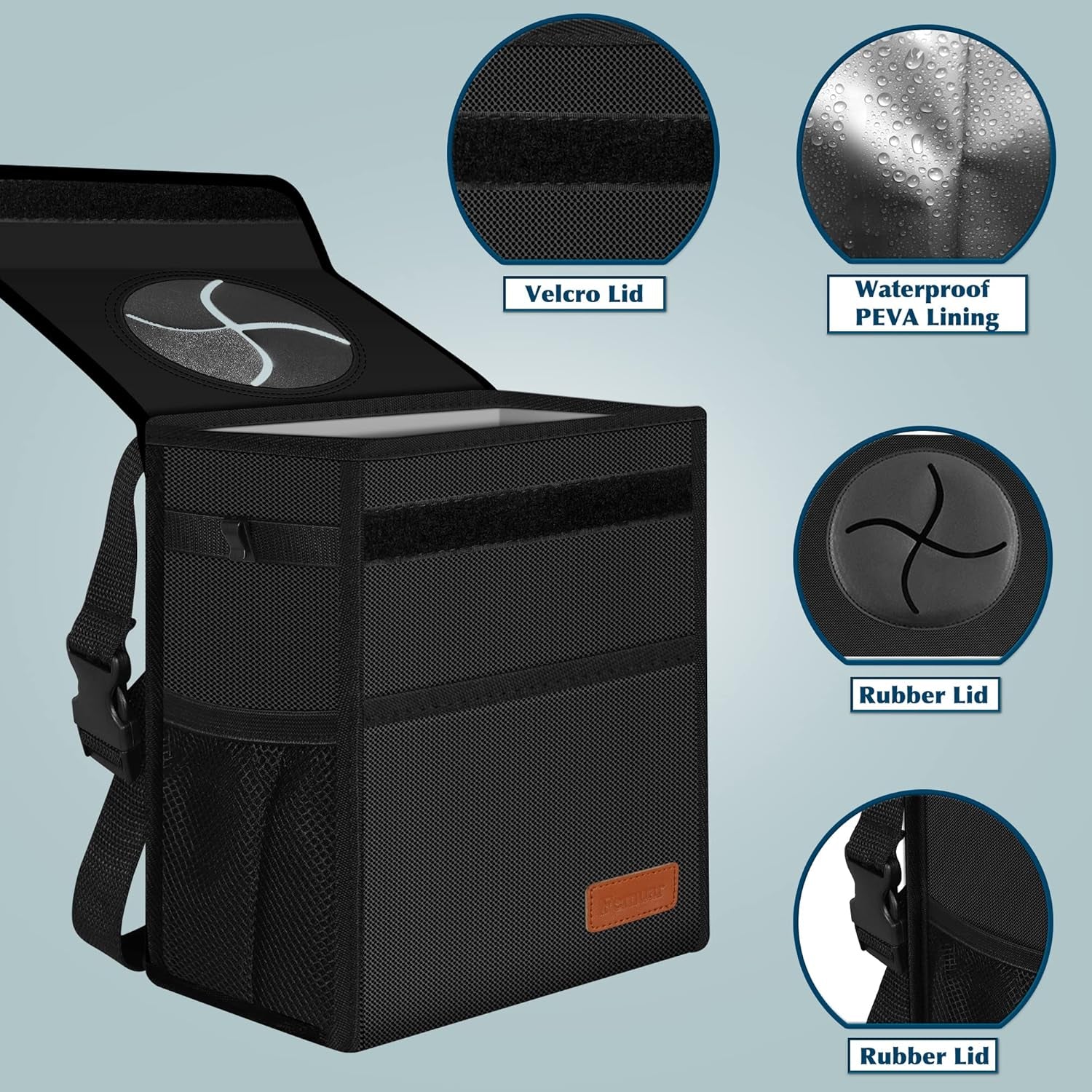 Leak Proof Car Trash Can with Lid - Waterproof Automotive Garbage Bin for Suvs, Collapsible and Portable Car Trash Bag, Black