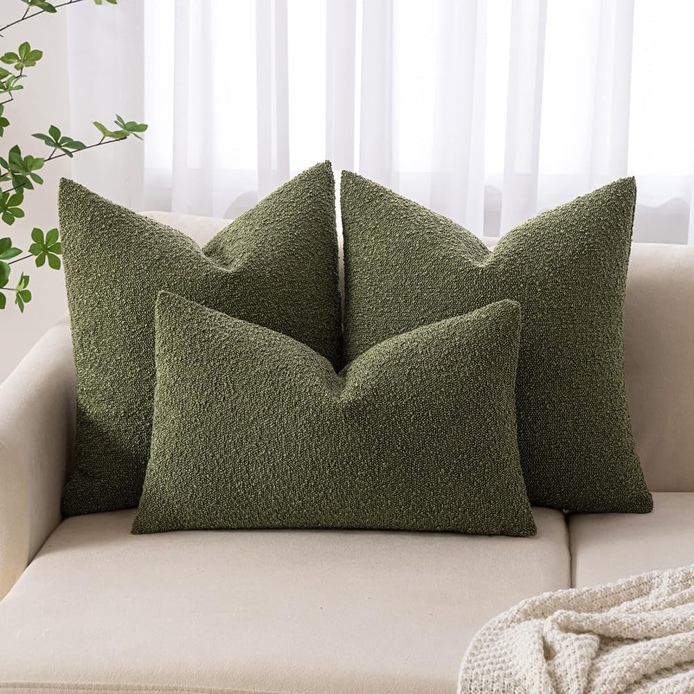 Textured Boucle Throw Pillow Cover Olive Green Accent Solid Lumbar Spring Pillow Case Decorative Soft Pack of 1 Couch Cushion Chair Sofa Bedroom Livingroom Home Decor,12X20 Inch