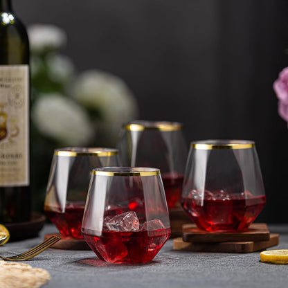 40 Pack Diamond Plastic Wine Glasses,Unbreakable Stemless Whiskey Cocktail Wine Champagne Glasses,12 Ounce Durable Disposable Cups Gold Rim for Parties, Weddings, Birthdays