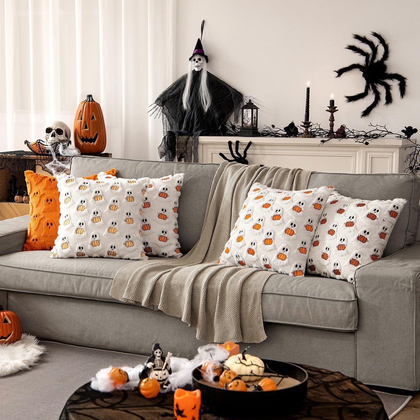 Halloween Pillow Covers Decorative Fall Cute Ghost Plush Faux Fur Pillows 18X18 Inch Set of 2 Soft Pumpkin Accents for Sofa Couch Bed Living Room Festive Home Decor, White Rust