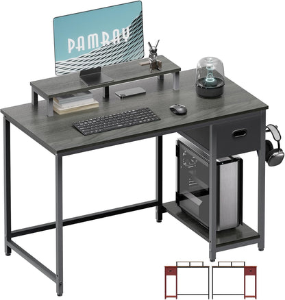 39 Inch Computer Desk with Monitor Stand Small Home Office Desks with Non-Woven Storage Drawer for Bedroom Study Table Writing and Work Desk Espresso Gray,Gray Leg