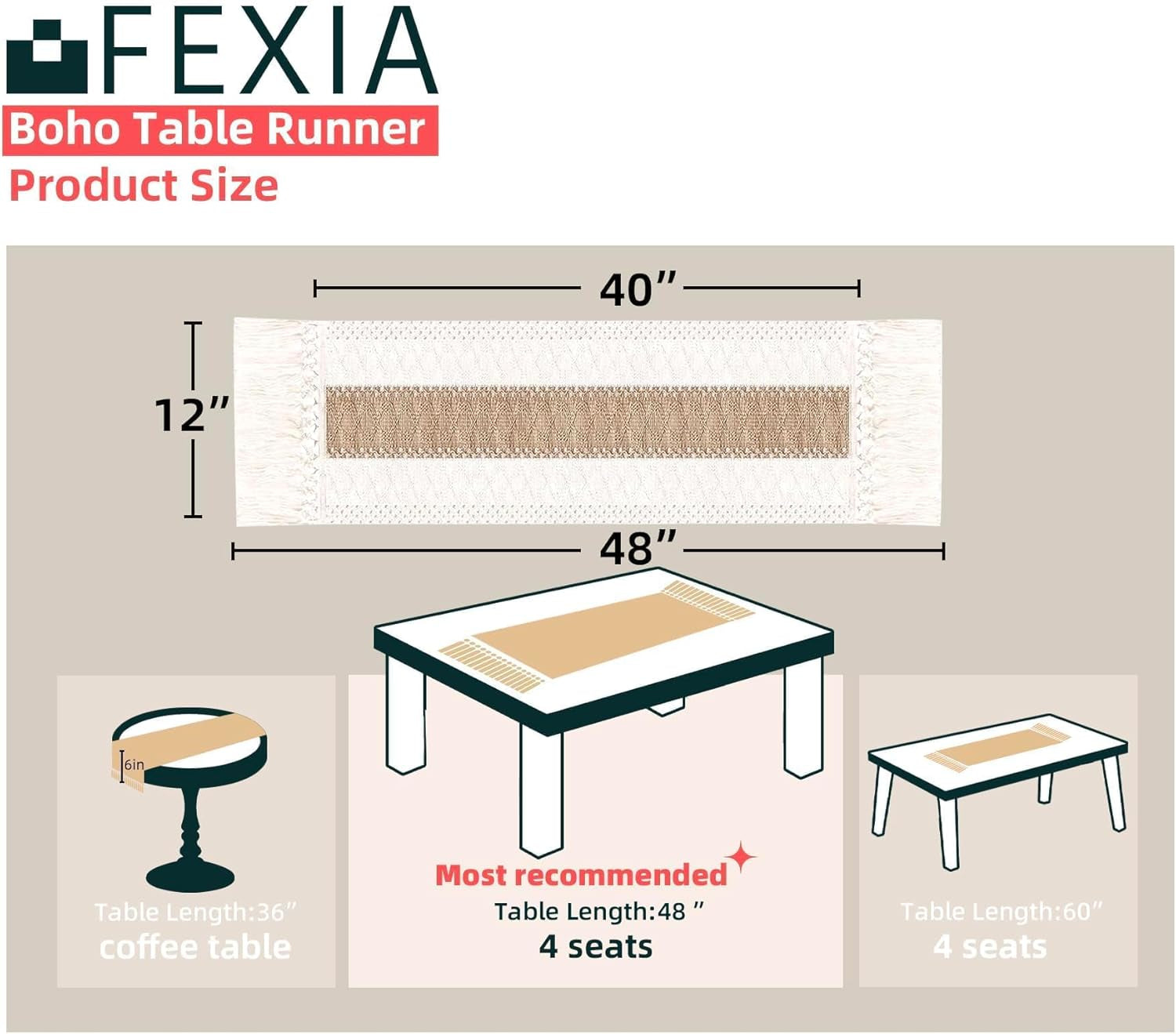 Boho Table Runner 48 Inches Long with Tassels Farmhouse Home Decor Rustic Cream & Brown Macrame Table Runner for Dining Bedroom Baby Bridal Shower Decor(12X48 Inches)