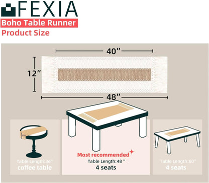 Boho Table Runner 48 Inches Long with Tassels Farmhouse Home Decor Rustic Cream & Brown Macrame Table Runner for Dining Bedroom Baby Bridal Shower Decor(12X48 Inches)