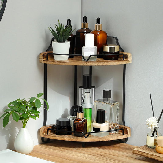 Two-Tier Wooden Corner Bathroom Countertop Organizer for Makeup and Skincare Storage
