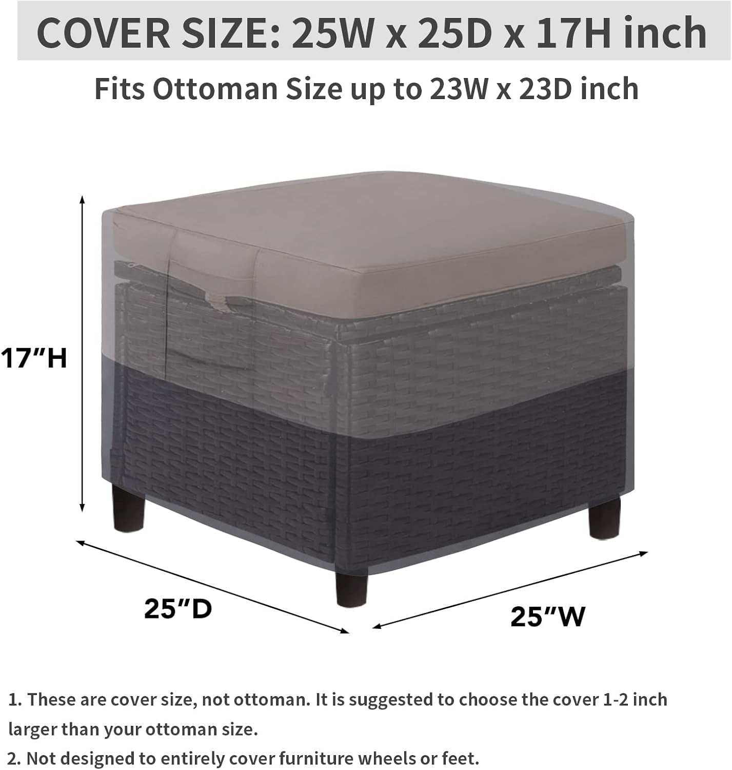 Outdoor Ottoman Cover, Waterproof Patio Ottoman Cover, Heavy Duty Outdoor Furniture Cover with Padded Handles (1 Pack-25"X25"X17", Gray/Dark Gray)