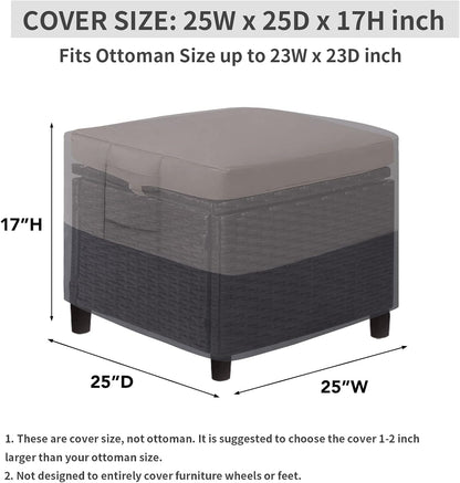 Outdoor Ottoman Cover, Waterproof Patio Ottoman Cover, Heavy Duty Outdoor Furniture Cover with Padded Handles (1 Pack-25"X25"X17", Gray/Dark Gray)